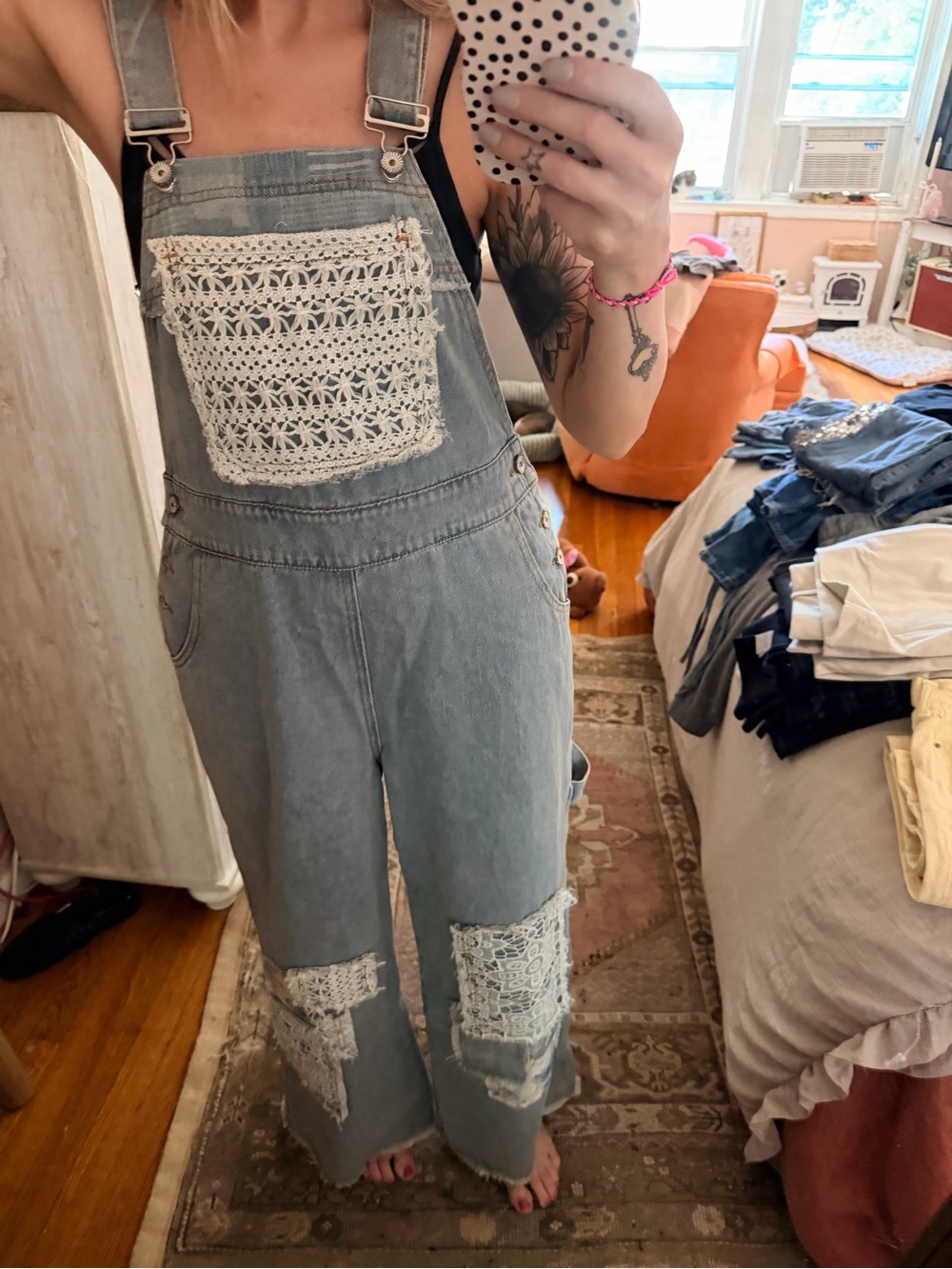 Free People Light Blue Crochet Patch Denim Overalls